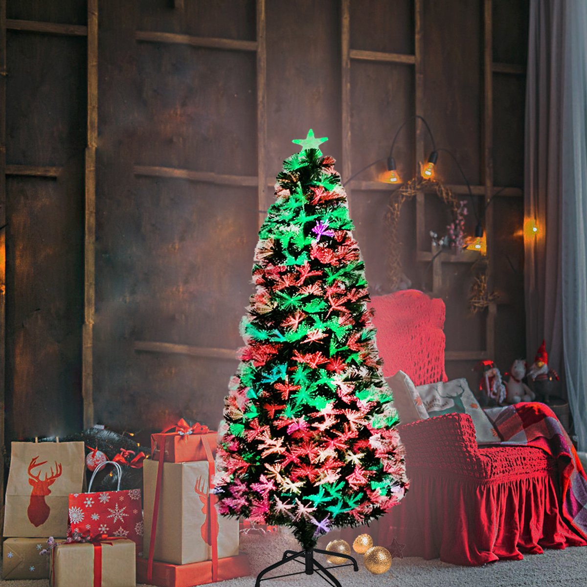 Kunstkerstboom met verlichting 180cm met dennennaalden en sparrenvezels kleurrijke glasvezel LED-kleurveranderende kerstboom kantoor thuis kerstversiering met standaard – foto 5