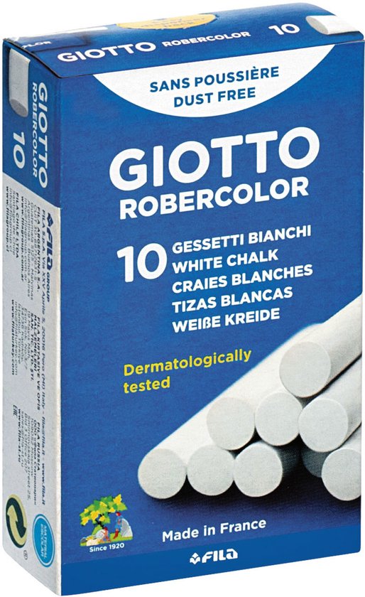 Blauw doosje met 10 witte krijtjes "GIOTTO ROBERCOLOR Dust Free".