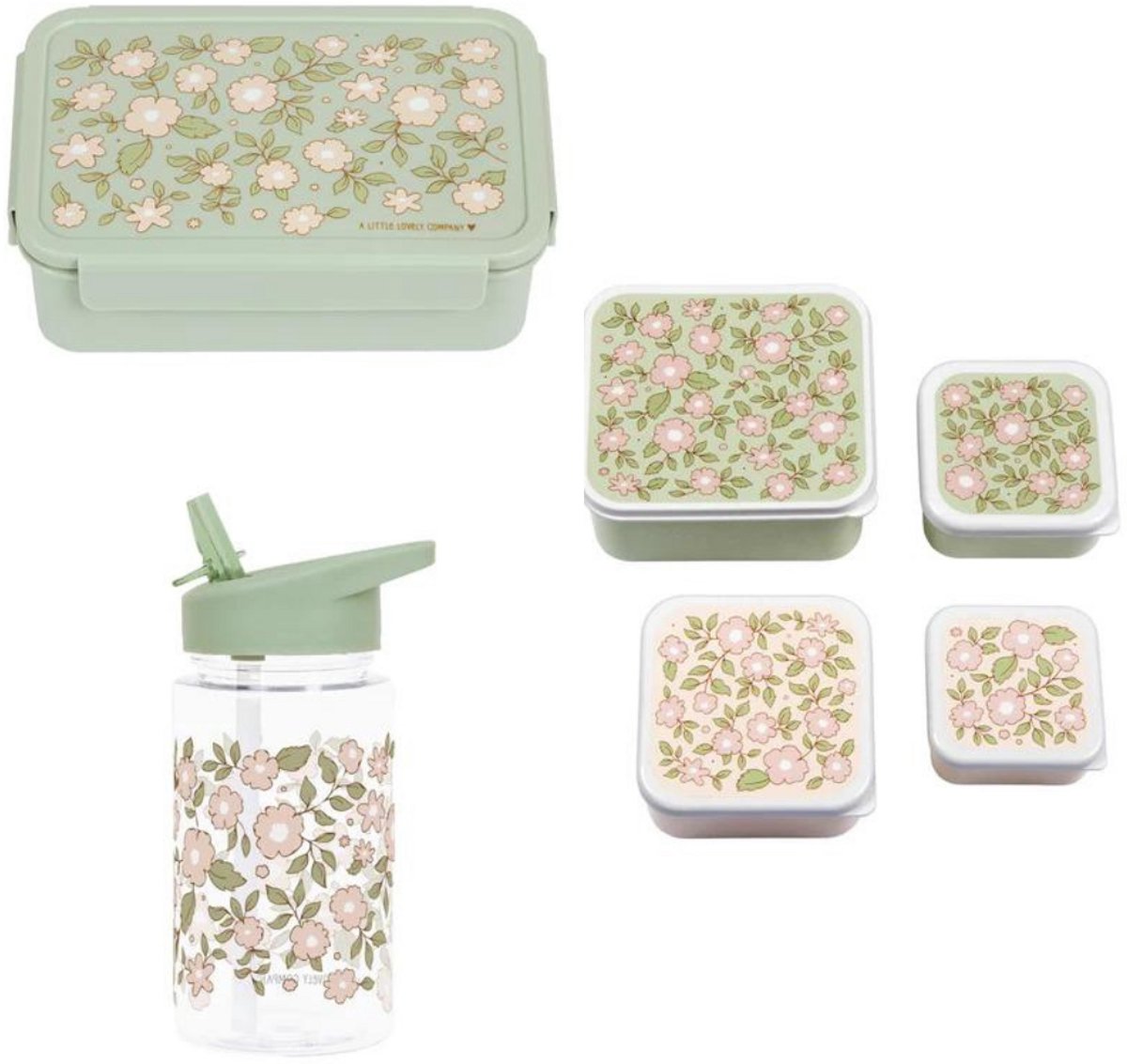 Bundel A Little Lovely Company Back to school set - Drinkfles/4 Snackdozen/Bentobox - Bloesems Saliegroen