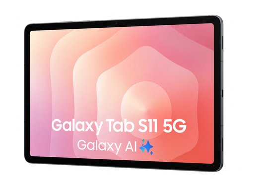 Samsung Galaxy Tab S11 5G met "Galaxy AI" tekst op scherm, op witte achtergrond.