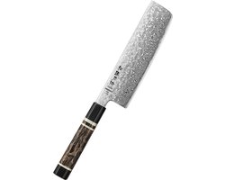 Hezhen X09 Retro Series Nakiri – Japans groentemes met kern van ZDP-189 Damascus staal (extreem hard: 65–67 HRC), zwart resin handvat met bronzen en koperen details