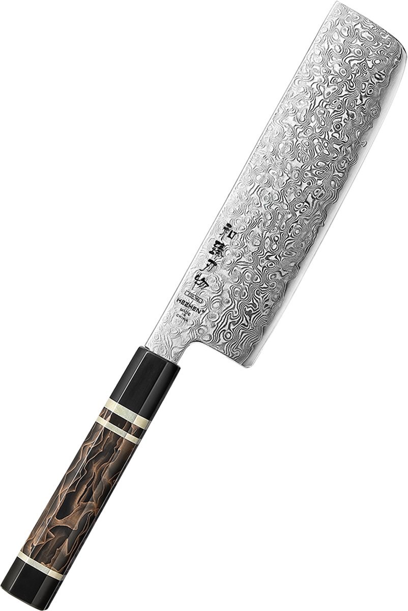 Hezhen X09 Retro Series Nakiri – Japans groentemes met kern van ZDP-189 Damascus staal (extreem hard: 65–67 HRC), zwart resin handvat met bronzen en koperen details