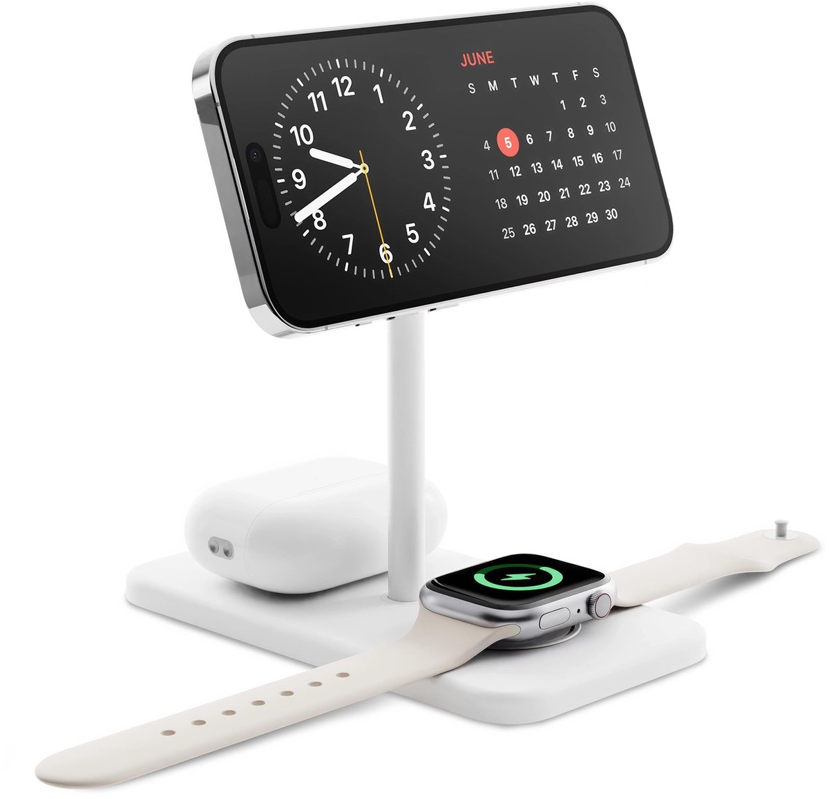 Twelve South HiRise 3 Deluxe 3-in-1 Draadloze Oplader – 15W Qi2 Magnetische Oplader – Snelle Oplader voor Apple Watch – 5W Draadloze Oplader Compatibel met AirPods - Wit
