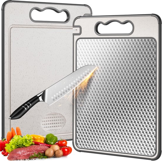 Foto: 1 stuk keuken roestvrijstalen snijplank dubbelzijdig niet giftig antislip snijplank 36 5 cm 25 0 cm voedselveilig anti kras gaasontwerp 1 zijde 304 roestvrij staal 1 zijde tarwe rechte lijn pp 