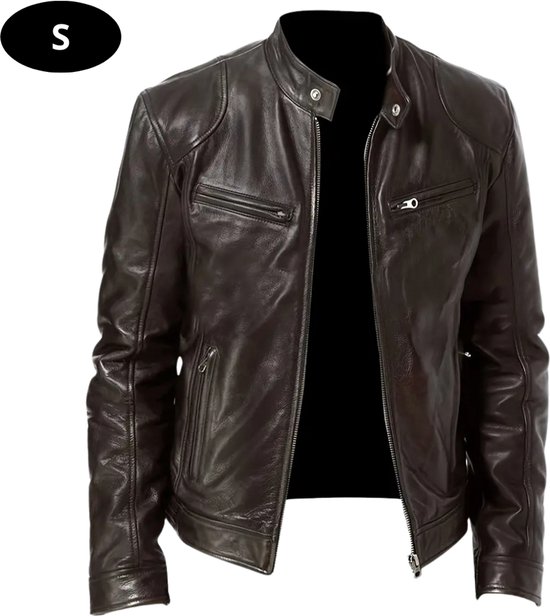 Veste en cuir marron pour homme avec fermeture éclair et poches, taille S.