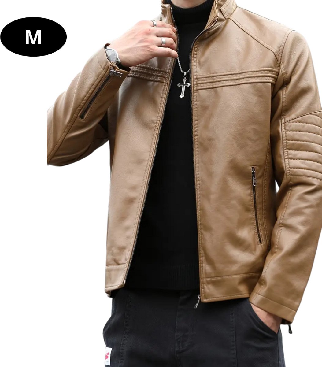 Bovista Kunst Leren Jas Leather Jacket Lederen Jas Bomberjack Pilotenjack Blazer Biker Motorjas Motormuis Heren Beige