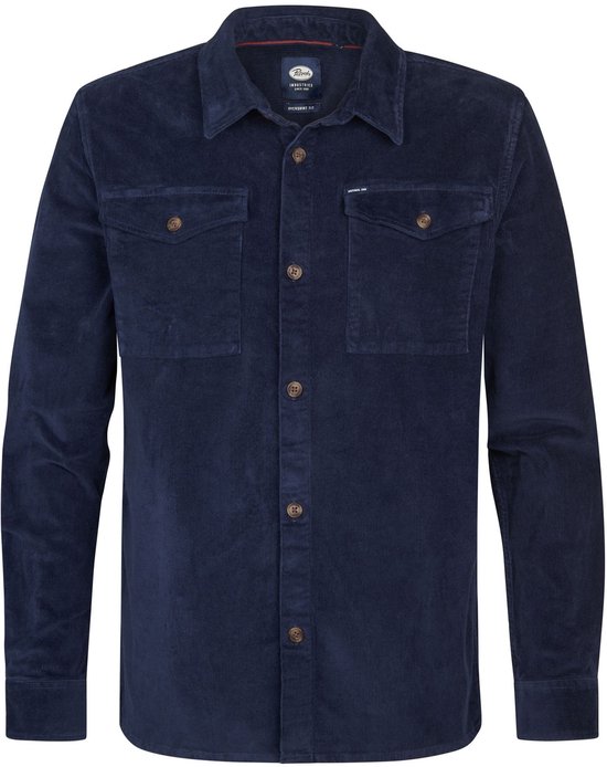 MoFiz Corduroy overhemd voor heren, lange mouwen, casual, buttondown, warm, zacht, herfst, winter, met zakken, Donkerblauw, XXL