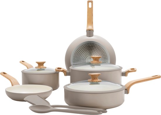 GreenPan Essence Taupe Batterie de cuisine en céramique pour induction 5 pièces - Sans PFAS - Batterie de cuisine pour induction - Manche effet bois - Avec couvercles - Taupe