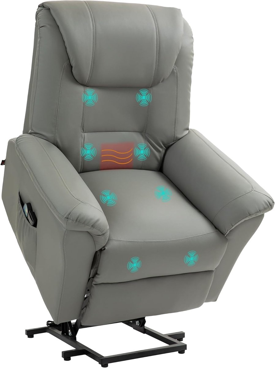Elektrische Relaxstoel met Opstahulp en Massagefunctie, TV-Stoel met Verwarming en Zijzakken in Lichtgrijs