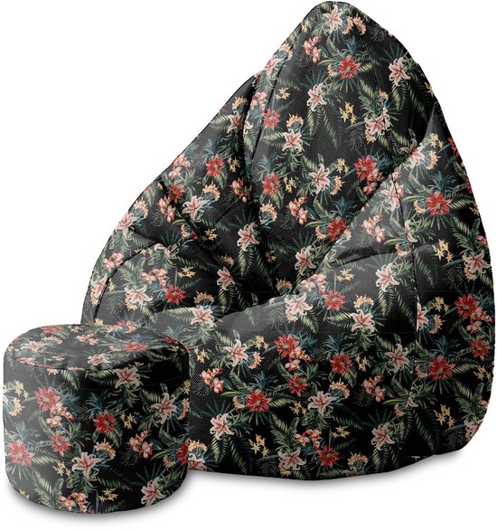 DreamRoots Velvet Zitzak voor Volwassenen – Luxe Beanbag met Voetsteun en Afneembare Hoes – Inclusief Vulling – 70x70x105 cm - Dark Jungle Exotic