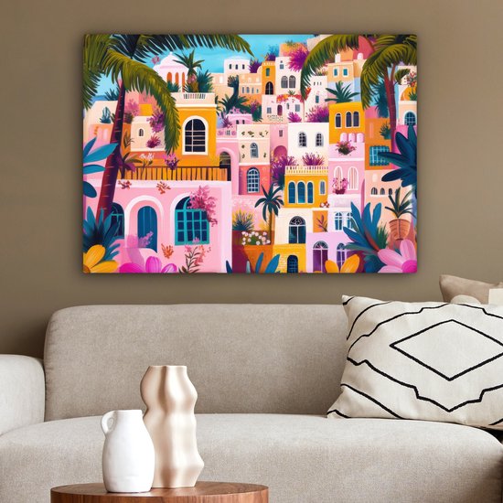 Canvas schilderij 80x60 cm - Exclusieve wanddecoratie Kleurrijk - Roze - Oranje - Geel - Bloemen - Muurdecoratie woonkamer - Slaapkamer decoratie - Kamer accessoires - Schilderijen op canvas - Eclectisch - Aesthetic room decor