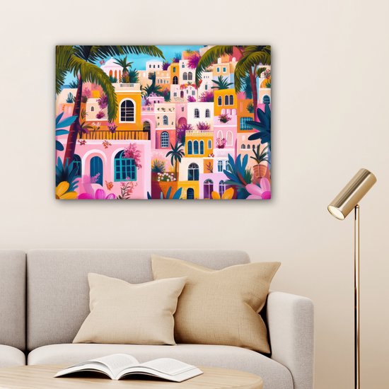 Canvas schilderij 80x60 cm - Exclusieve wanddecoratie Kleurrijk - Roze - Oranje - Geel - Bloemen - Muurdecoratie woonkamer - Slaapkamer decoratie - Kamer accessoires - Schilderijen op canvas - Eclectisch - Aesthetic room decor