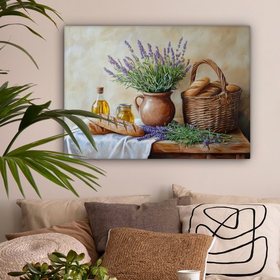 Peinture sur toile 80x60 cm - Décoration murale Lavande - Pain - Nature morte - Décoration murale murale salon - Décoration chambre - Accessoires de chambre - Peintures sur toile