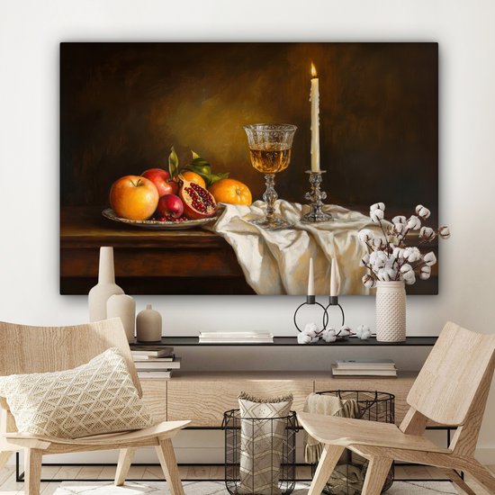 Peinture sur toile 140x90 cm - Décoration murale Fruits - Nature morte - Vin - Bougie - Décoration murale murale salon - Décoration chambre - Accessoires de chambre - Peintures sur toile