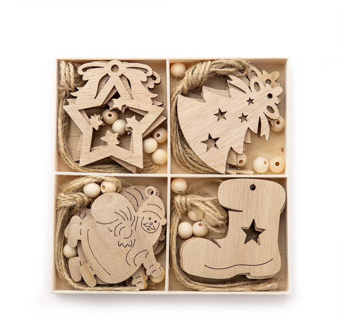 Houten kerstversieringen - Kerstboomdecoratie - Houtkleur - Stijl 1