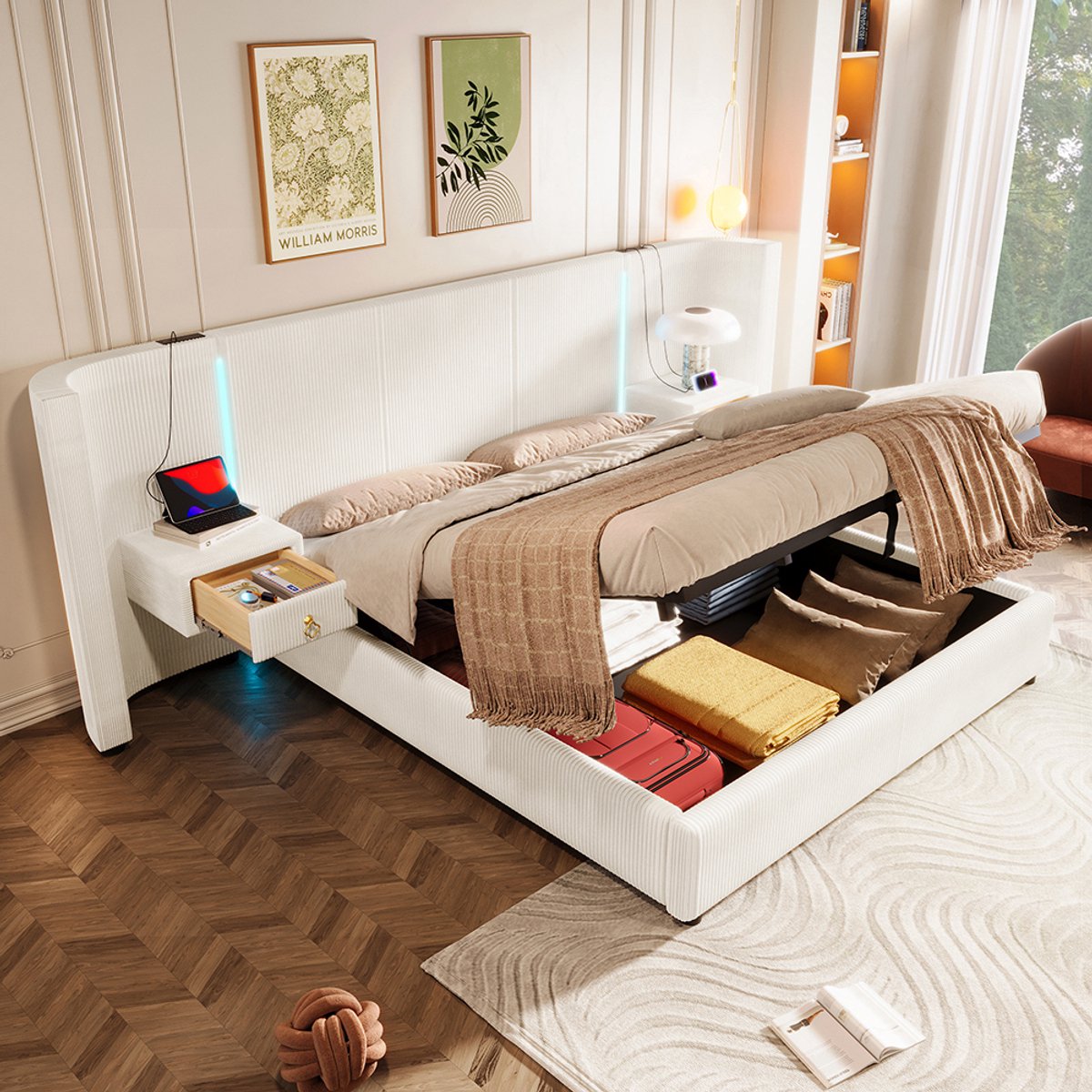 BLACKCOLORS Gestoffeerd bed, 180*200 cm, met ledstrip, hydraulische opbergruimte, 2 lades, zonder matras, USB + TYPE-C, fluweel, beige