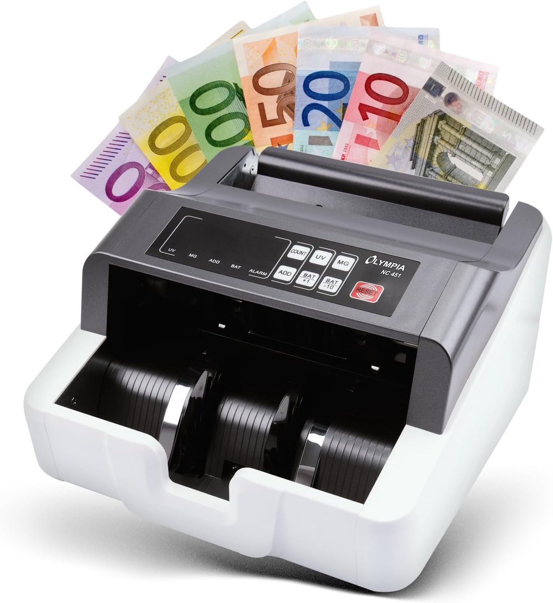 Geldtelmachine en bankbiljettentester met UV en MG sensoren - tot 1000 biljetten/min - met optelfunctie en LED-display