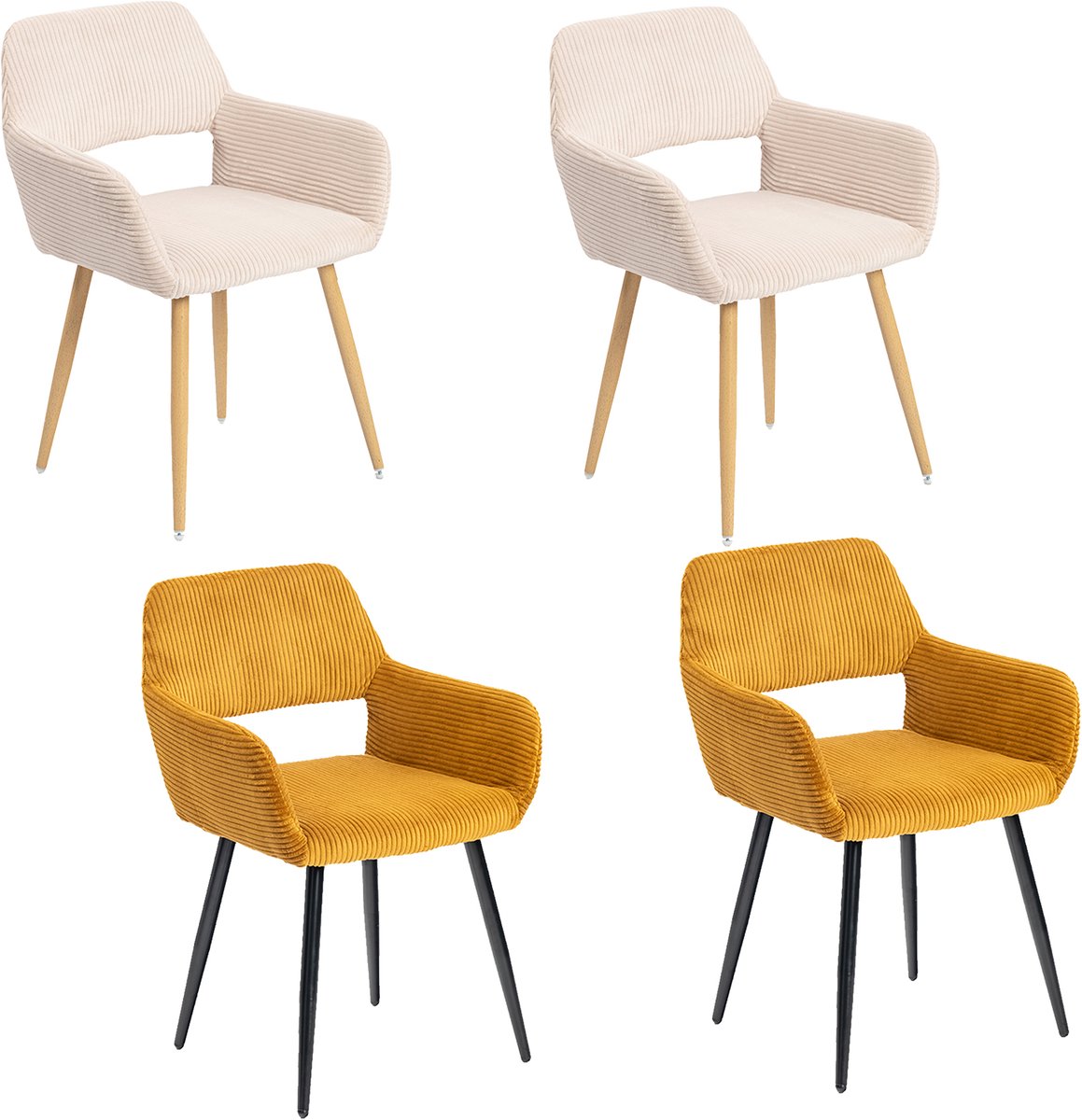 Meubles Cosy – CROMWELL CORDUROY – Set van 4 eetkamerstoelen met armleuningen – Beige & Geel – Corduroy zitting