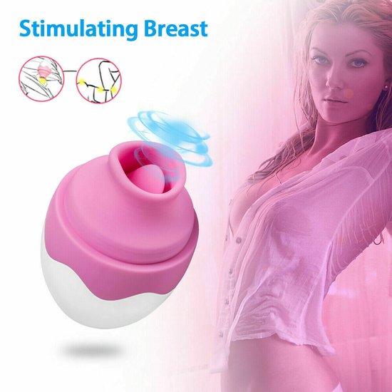 Vibrateur rose avec base blanche, texte 'Stimulating Breast'. Deux schémas montrent la stimulation mammaire.