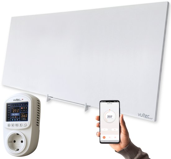Wit Vultec infrarood verwarmingspaneel met thermostaat en smartphone, getoond met de Smartlife App.