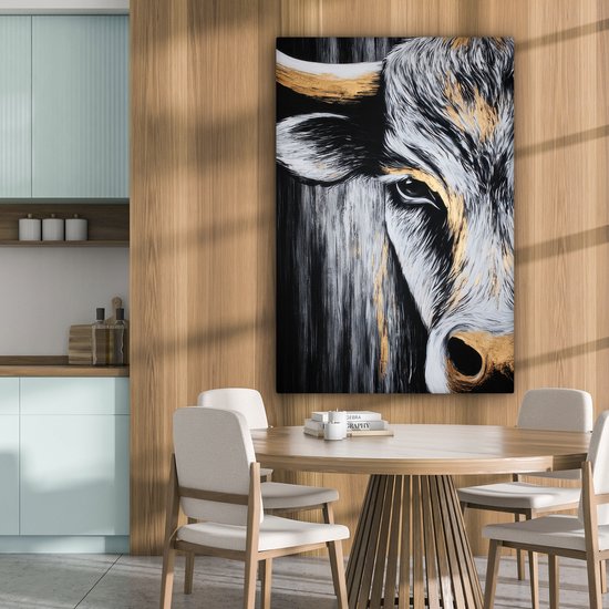 Tableau sur toile 80x120 cm - Décoration murale exclusive Taureau - Cornes - Museau - Or - Décoration murale salon - Décoration chambre - Accessoires chambre - Peintures sur toile
