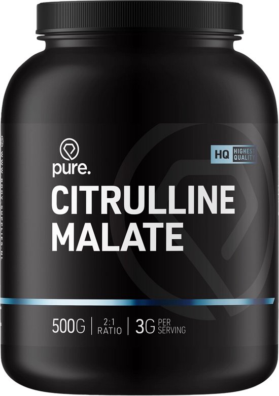 Zwarte pot met "pure. CITRULLINE MALATE 500G 2:1 RATIO 3G PER SERVING" op het etiket.
