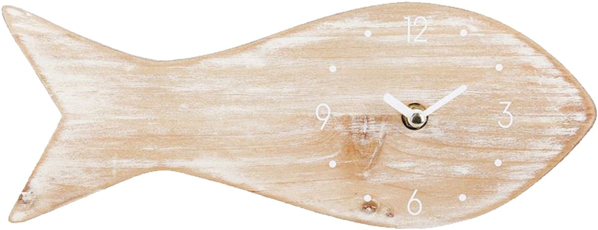 Ostaria Wandklok/muur klok Vis - Maritiem - D30 cm - MDF - naturel - woonkamer/strandhuis