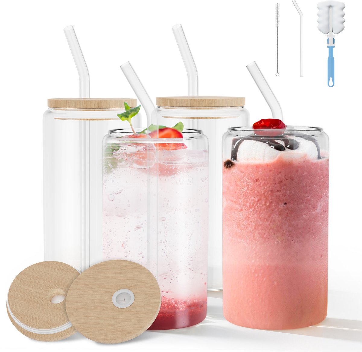 4er Set 550ml Premium Glas Drinkfles – Met Dichtende Dop En Handige Strooistok, Samen Met Herbruikbare Glasborden, Ideaal Voor Limonade, Friswater, Saft & Smoothies, Perfect Voor Dagelijks Gebruik Thuis, Kantoor, School Of Outdoor Activiteiten