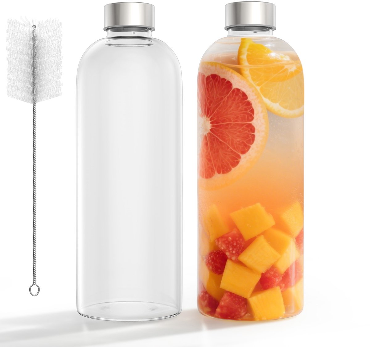 2er Set 1000ml Glastrinkflessen Met Edelstaaldeksel - Uitlopersecure, Vaatwasserbestendig, Voor Warme & Koude Dranken, Water, Sap, Smoothie
