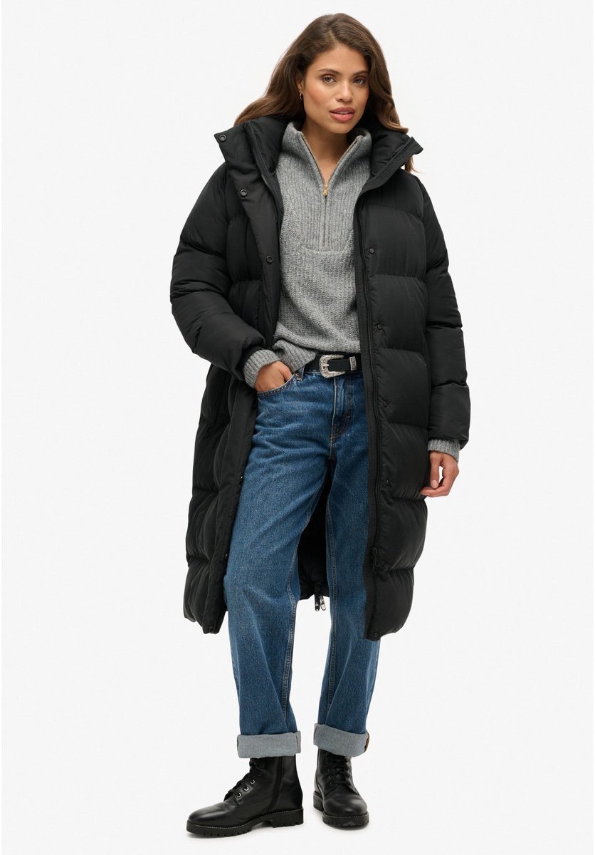 Superdry Hooded Longline Puffer Winterjas Dames Zwart