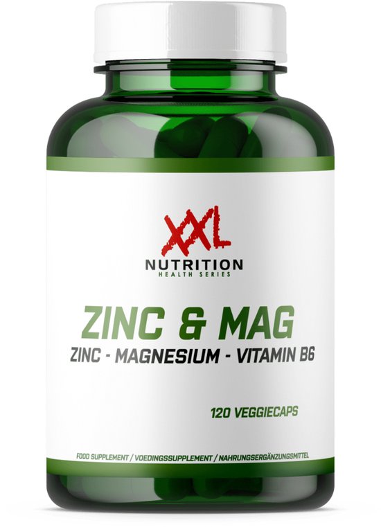 Groene XXL Nutrition pot met witte dop, met etiket voor ZINC & MAG, 120 VeggieCaps.