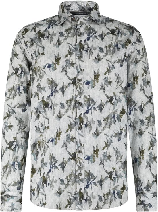 Lichtgrijs overhemd met een all-over subtiele botanische print in groen en blauw.