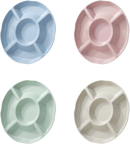 Vier ronde, gekleurde snackborden van 23 cm met elk 5 vakken: blauw, roze, groen en beige.