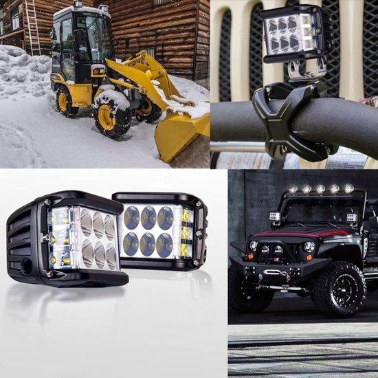 Zwarte LED-lamp met acht reflectoren en vier oranje LED's, naast een bouwmachine in de sneeuw en een Jeep.