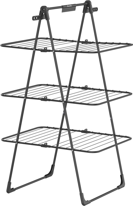 Zwarte, inklapbare Bodo droogtoren met drie niveaus en een metalen frame.