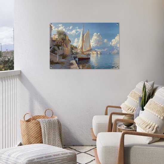 Tuinposter 90x60 cm - Tuindecoratie Zeilschip - Huizen - Kade - Zee - Poster voor in de tuin - Buiten decoratie - Schutting tuinschilderij - Tuindoek muurdecoratie - Wanddecoratie balkondoek
