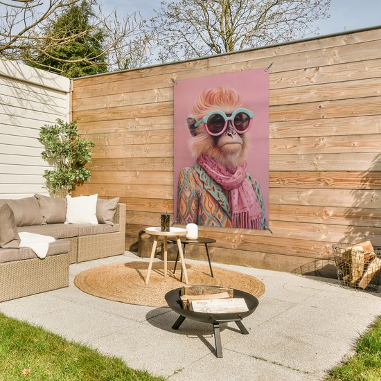 Affiche de jardin 80x120 cm - Décoration de jardin Foulard - Singe - Lunettes de soleil - Veste - Affiche pour le jardin - Décoration extérieure - Tableau de jardin clôture - Décoration murale en tissu de jardin - Décoration murale en tissu de balcon