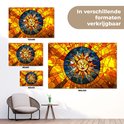 Une affiche représentant un soleil en mosaïque aux teintes jaunes, oranges et bleues, disponible en plusieurs tailles.