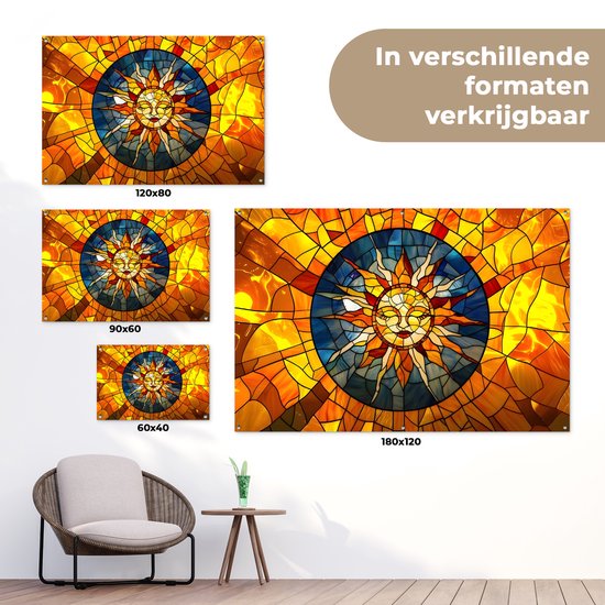 Une affiche représentant un soleil en mosaïque aux teintes jaunes, oranges et bleues, disponible en plusieurs tailles.