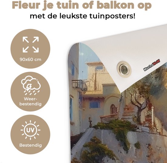 Tuinposter 90x60 cm - Tuindecoratie Zeilschip - Huizen - Kade - Zee - Poster voor in de tuin - Buiten decoratie - Schutting tuinschilderij - Tuindoek muurdecoratie - Wanddecoratie balkondoek