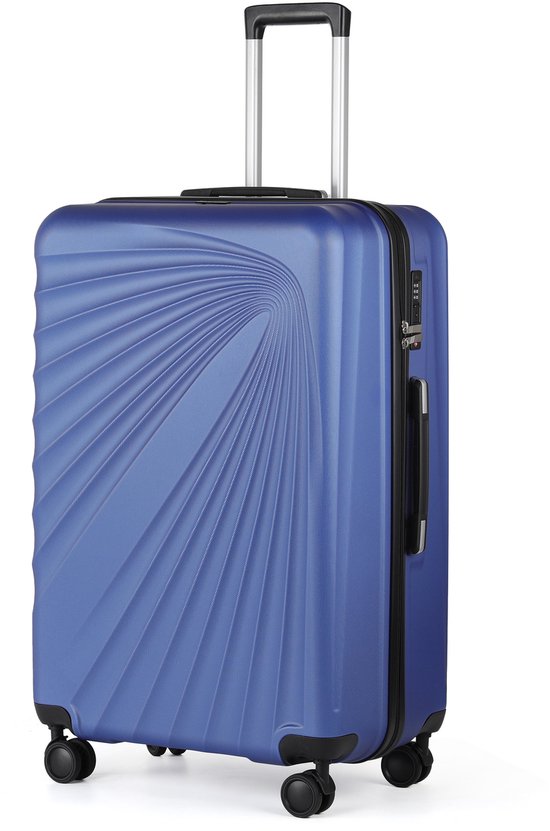 Valise bleue avec fermeture éclair, serrure TSA et un motif ondulé sur le devant.