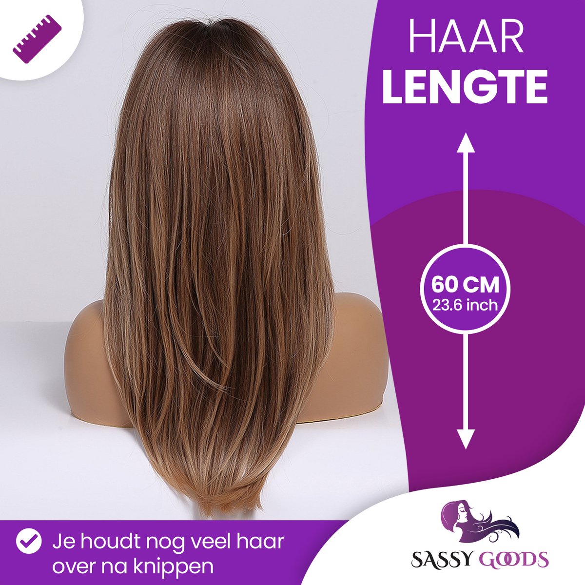 SassyGoods Bruine Pruik - Pruiken Dames Lang Haar - Verstelbaar - Wasbaar - Licht Bruin - 60 cm — afbeelding 3