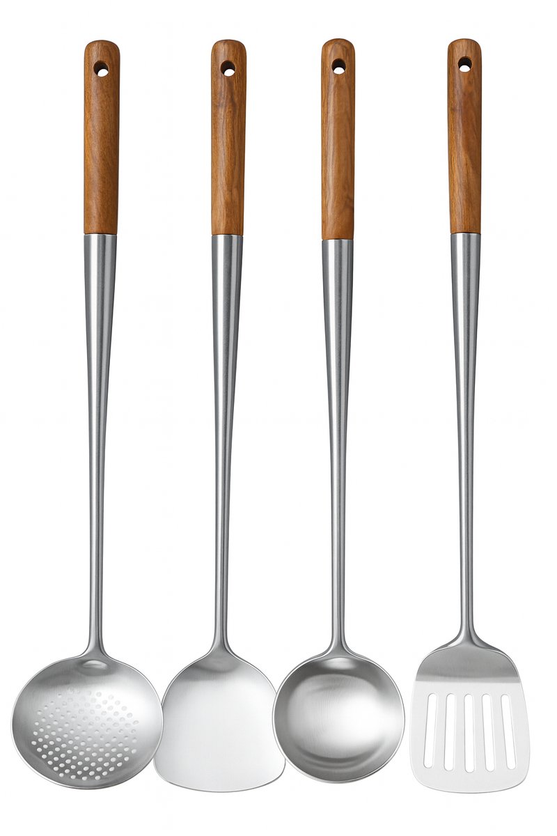 Boeste® RVS Keukengerei Set 4-delig – duurzaam, ergonomisch, houten greep