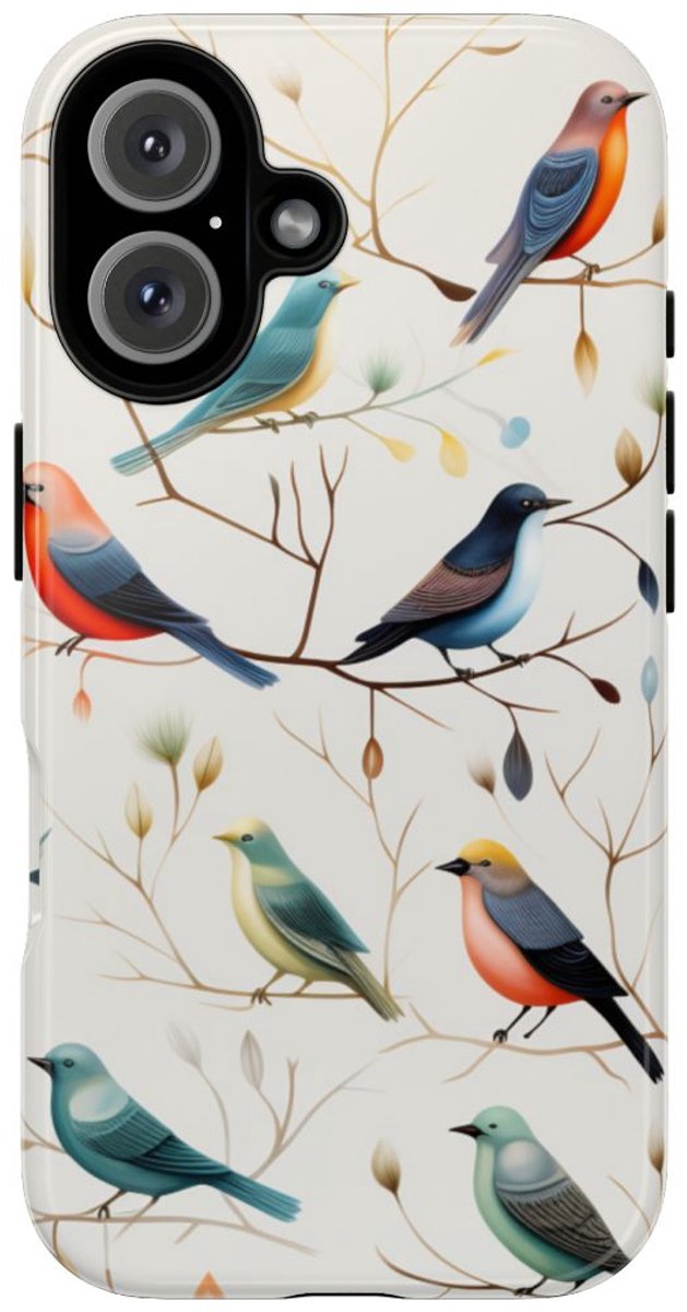 Vrolijke Vogels op Takken Patroon – Telefoonhoesje Geschikt voor iPhone 16