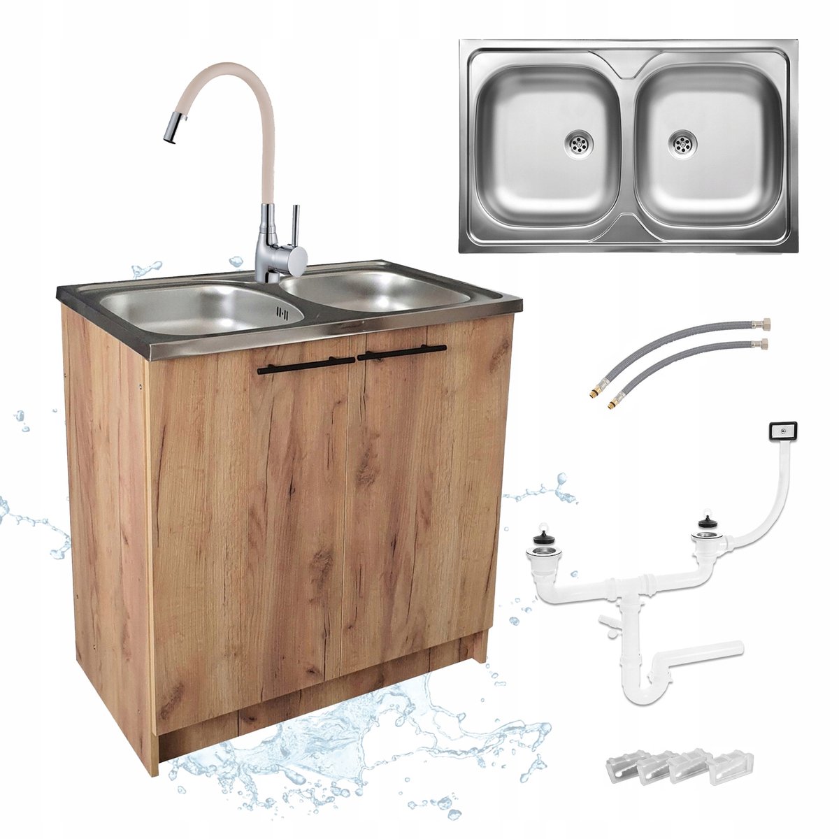 STAMAR - Keukenkast 80 cm - Onderkast met Dubbele spoelbak + kraan + sifon - Eiken Goud