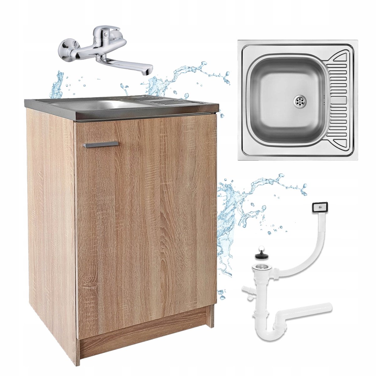 STAMAR Keukenonderkast 60 cm met 1-baks spoelbak, keukenkraan en sifon - sonoma eiken Eik Sonoma