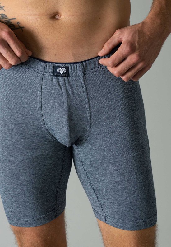 Blauw-wit gestreepte Ceceba boxershort gedragen door een man, met een duidelijk logolabel op de tailleband.