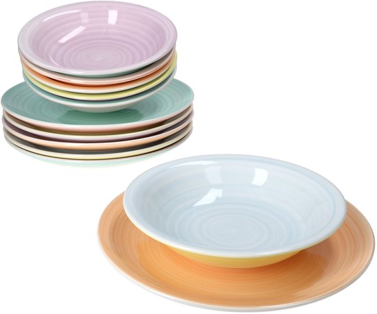 MamboCat Beach Pastelo Stripes 12-delig tafelservies, aardewerk servies met pastelstrepen voor 6 personen, 6 x platte borden en 6 x soepborden voor ontbijt, lunch en avondbrood