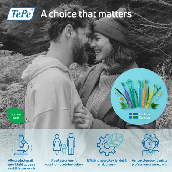 Zwart-wit foto van een stel dat elkaar aankijkt, met cirkel van TePe producten en Zweedse vlag. Tekst: A choice that matters. Duurzame keuze. Made in Sweden.