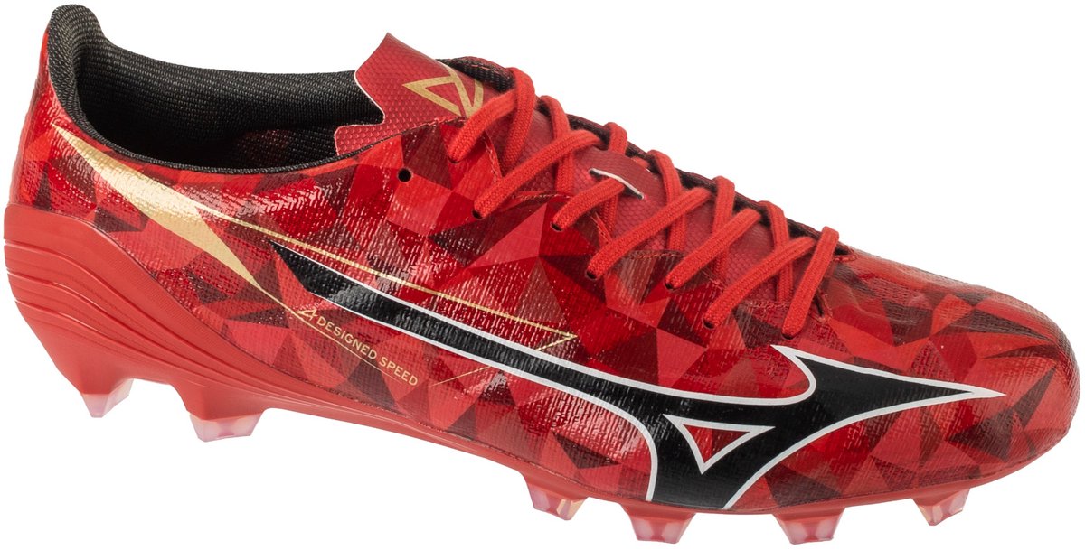 Mizuno Alpha II Pro FG voetbalschoenen voor mannen, maat 45, rood met zwarte en gouden accenten, synthetisch leder.